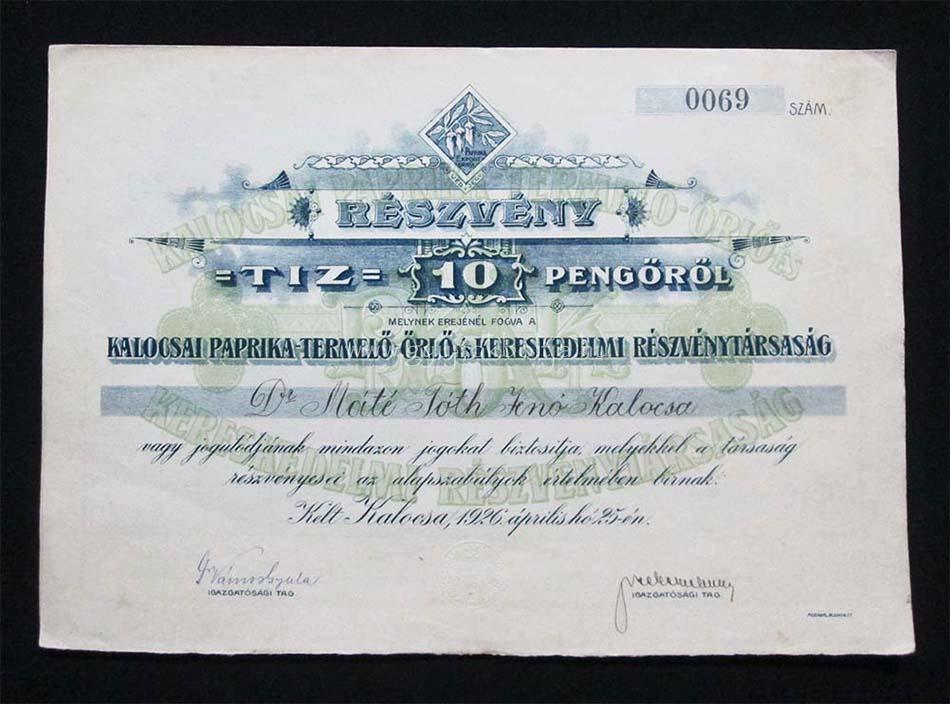 Kalocsai Paprika Termelõ- Õrlõ- Kereskedelmi Rt. 10 pengõ 1926